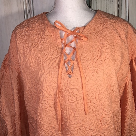 SHEIN X Orange Sherbet Embossed Very Full Puff Sleeve Lace Up Neckline S/S - Picture 4 of 11
